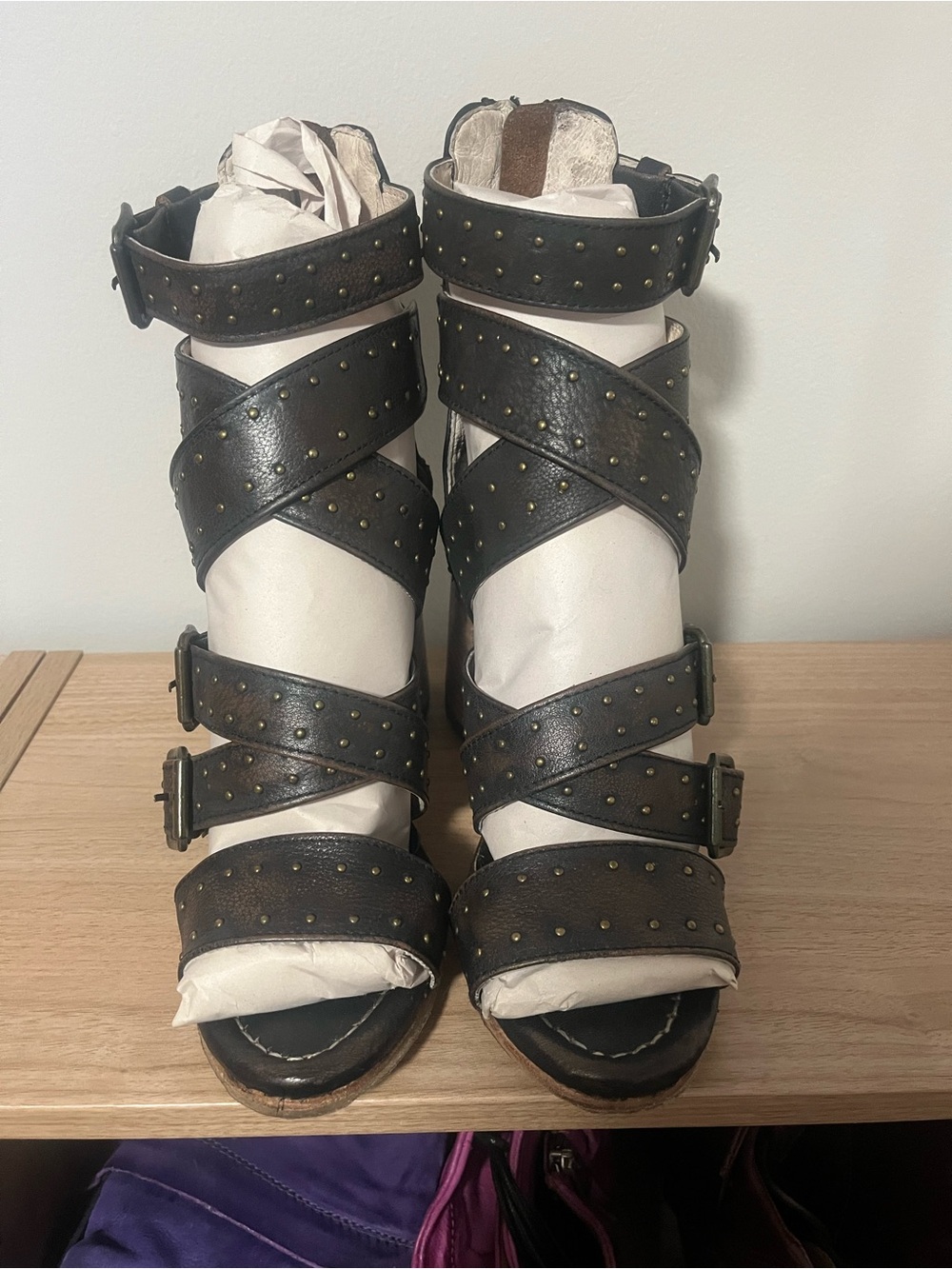 Freebird by Steven Black Studded Crisscross Strap Heels
